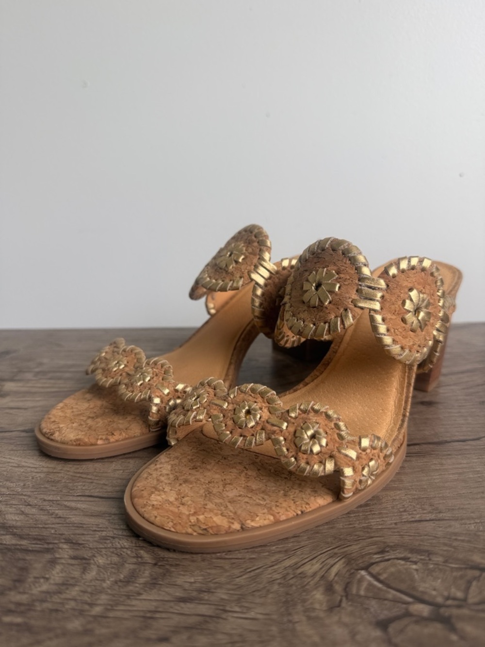 Jack Rogers Tan and Gold Embellished Heeled Slides size 8.5 M